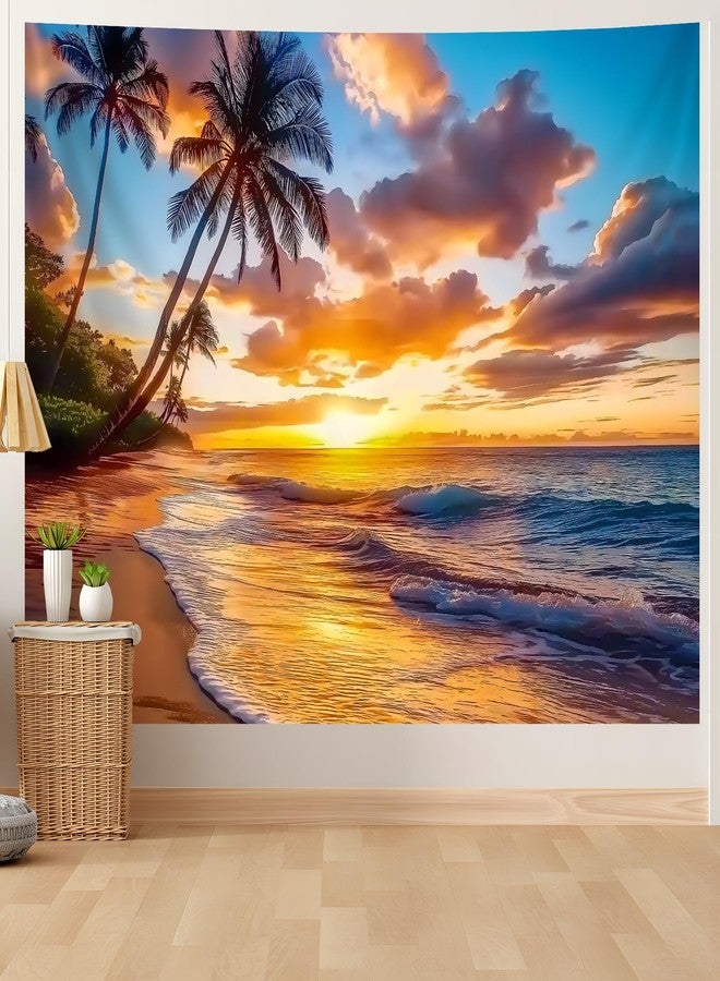 AOHMPT Ocean Sunset Tapestry, Beach Evening Sunset Tapestry, Natural Beach Palm Tree Landscape Poster, Seaside Landscape Wall Hanging for Bedroom, Dorm Room and Living Room Wall Decor 79" L x 59" W - Image 1